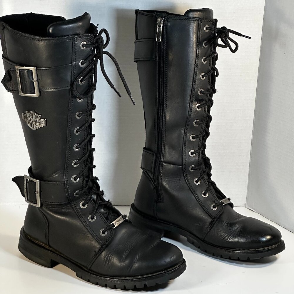 Harley-Davidson Black Leather Lace-Up Buckle Heeled Motorcycle Boots - Picture 15 of 16